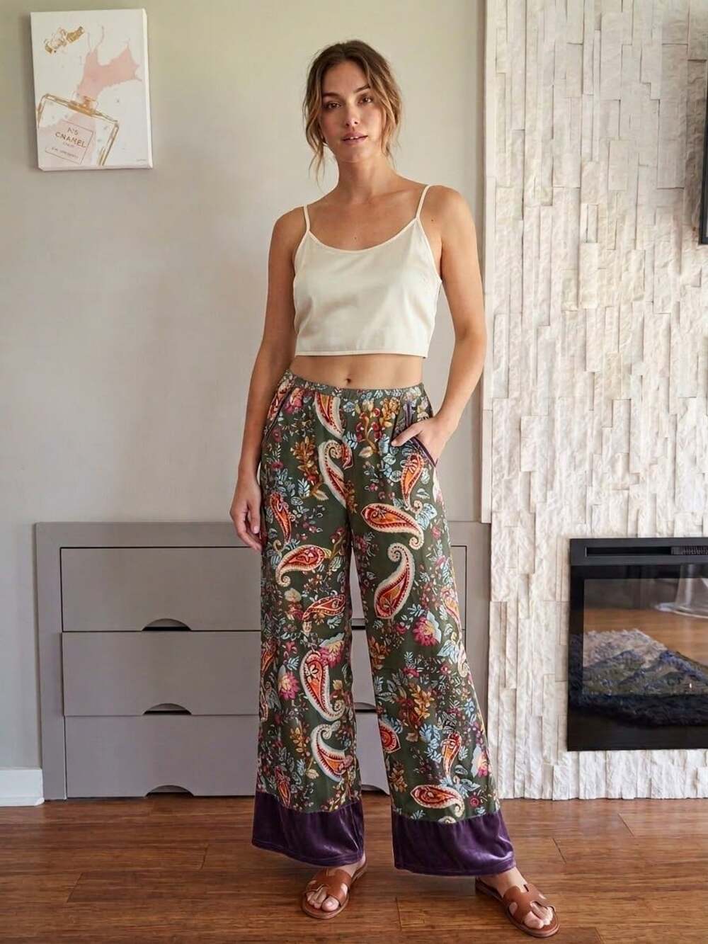 Umgee USA Women's Green Floral Paisley Wide Leg Palazzo Pants with Velvet Hem